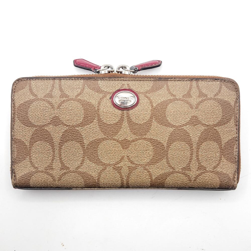 Coach Peyton Signature Accordion Zip Wallet Khaki Monogram Contemporary